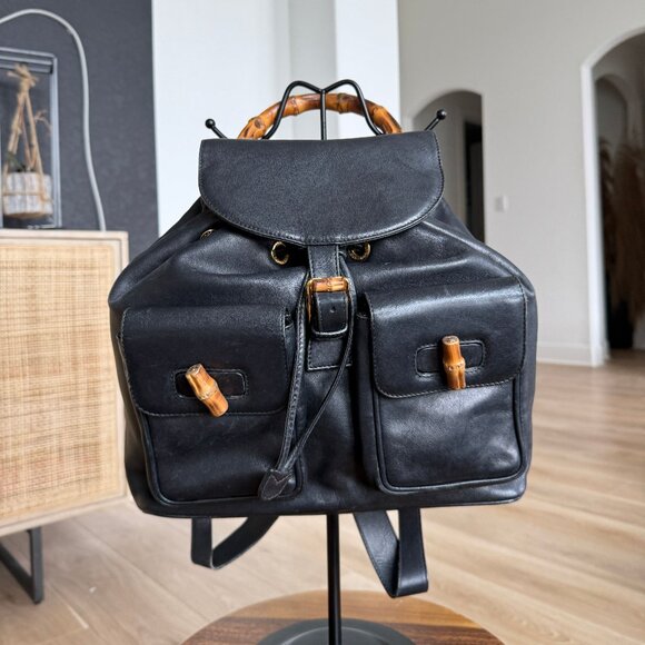 Gucci Bamboo Handle Black Leather Backpack - Picture 1 of 10